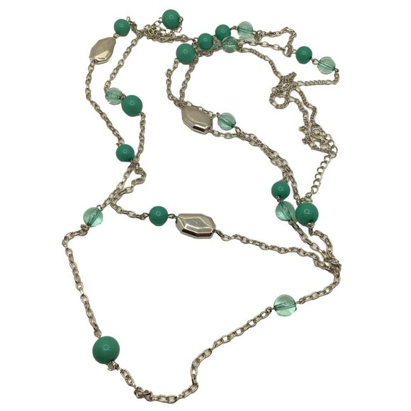Long Length Beaded Necklace Double Strand Silver Tone Turqoise - Picture 3 of 3